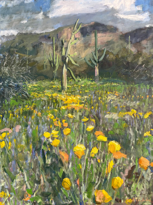 Old Saguaro Among Wildflowers Original Painting