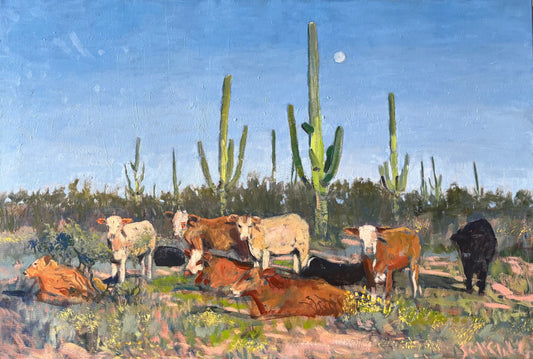 Sonoran Moonrise With Cattle Original Painting