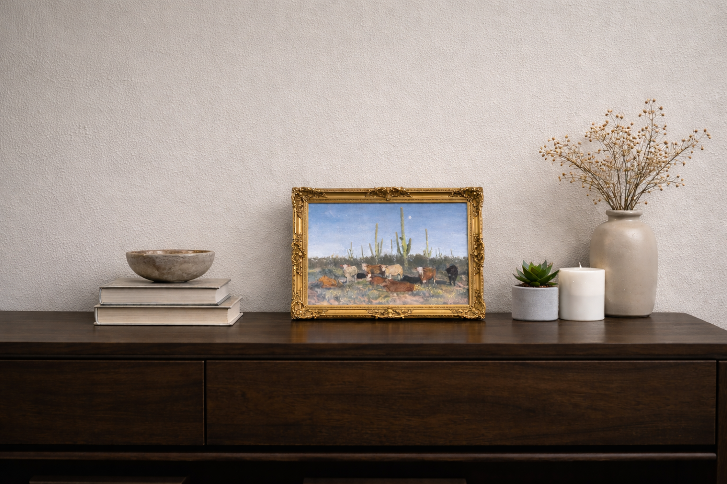 Sonoran Moonrise with Cattle Paper Print